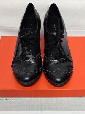 Predictions Black Oxford Lace Up Granny Style Heeled Shoes Brogue Details 6W